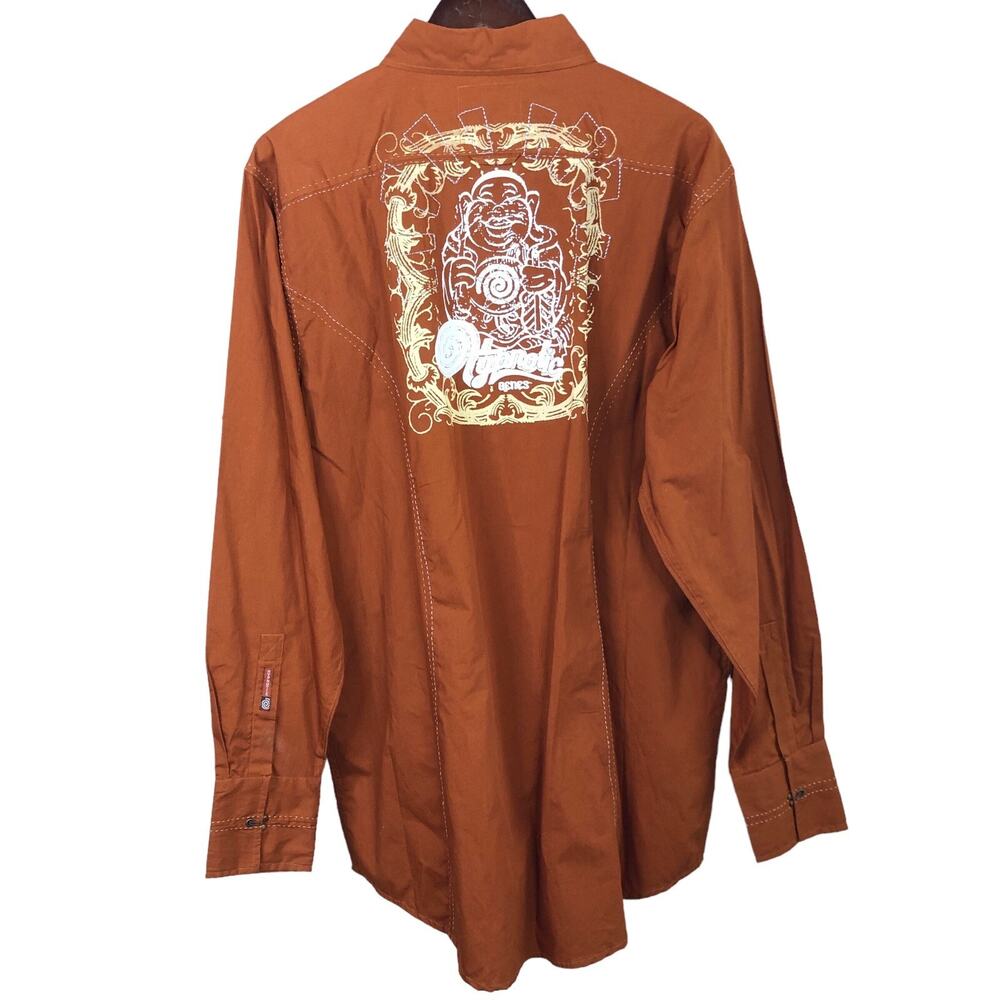 Y2K Hypnotic Genes Mens Shirt Buddha Graphic Long Sleeve Cotton Top Stitched